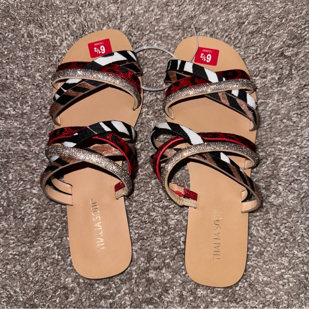 Thalia Sodi Animal Print Rhinestone Bling Sandals Faux Fur Vegan Black White Red